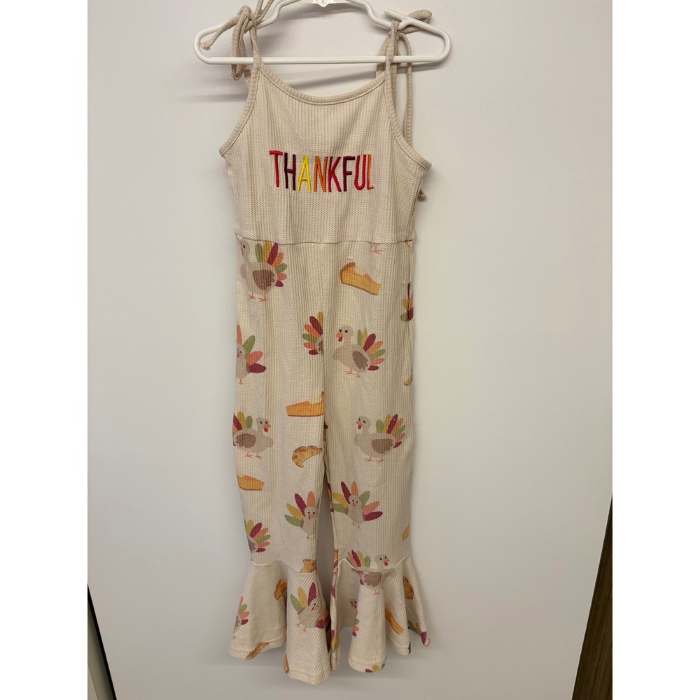 Thanksgiving Festive Jumpsuit Turkey Waffle Knit Bell Bottom Kids Cream DIY FLAW